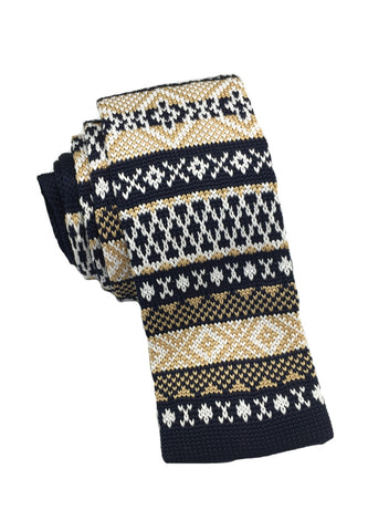 Stencil Series Gold & White Patterned Navy Blue Knitted Tie