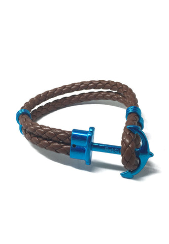 Grapple Series Brown PU Leather Turquoise Blue Anchor Bracelet