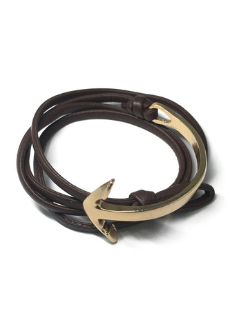 Hyperbola Series Brown Leather Strap Gold Curved Anchor Bracelet