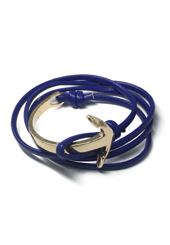 Hyperbola Series Blue Leather Strap Gold Curved Anchor Bracelet