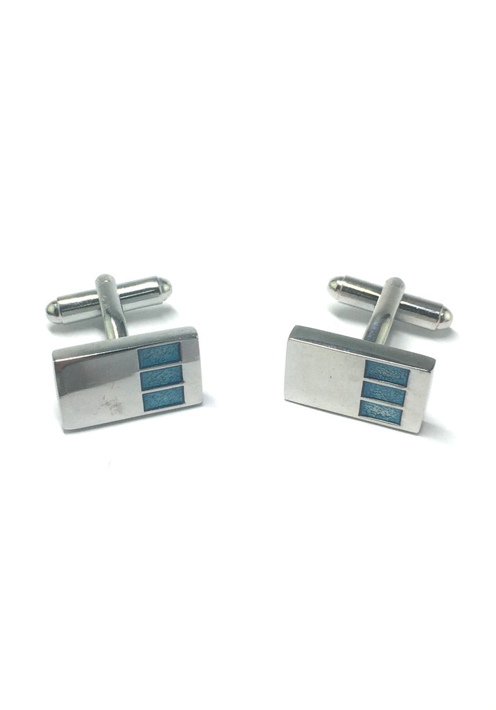 3 Blue Rectangle Design Silver Rectangular Cufflinks