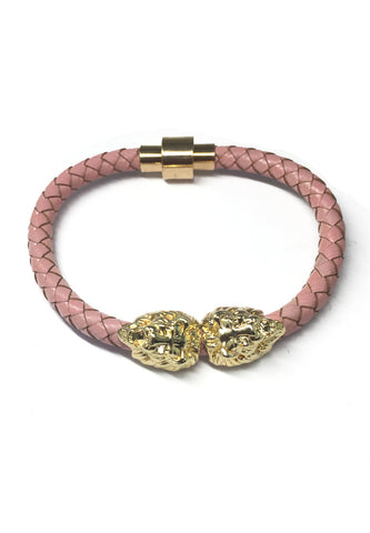 Duple Series Pink Real Leather Strap with Double Gold Lion Head Bracelet