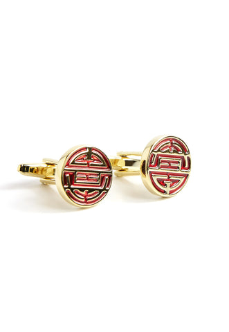 Gold Red Chinese Longevity Symbol Cufflinks