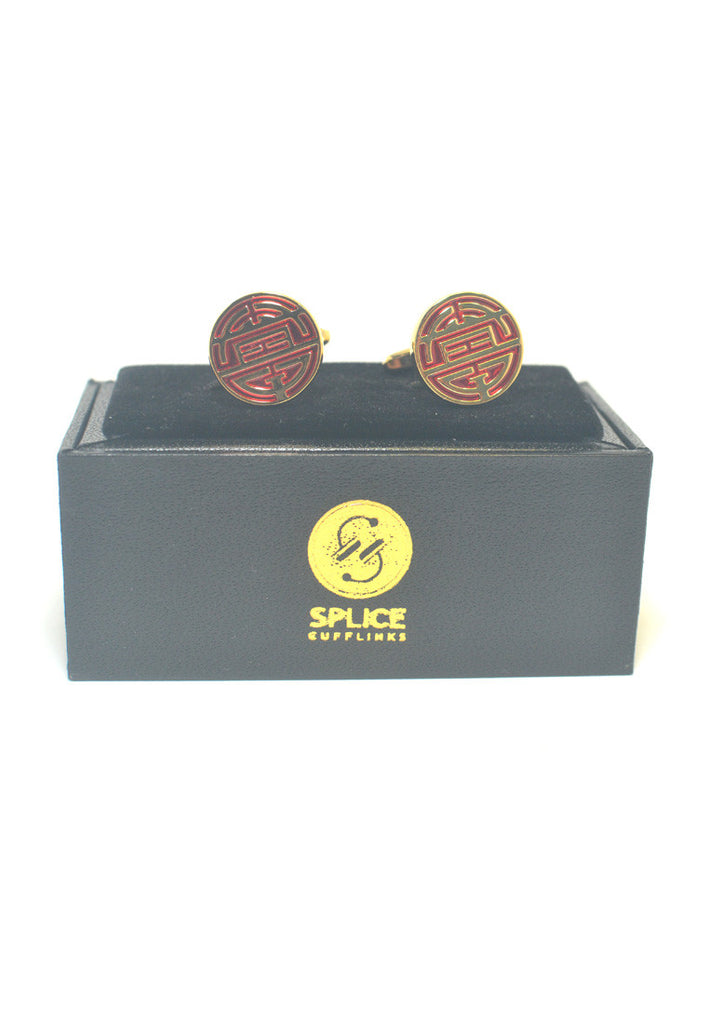 Gold Red Chinese Longevity Symbol Cufflinks