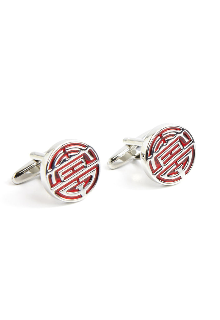 Silver/Red Chinese Longevity Symbol Cufflinks