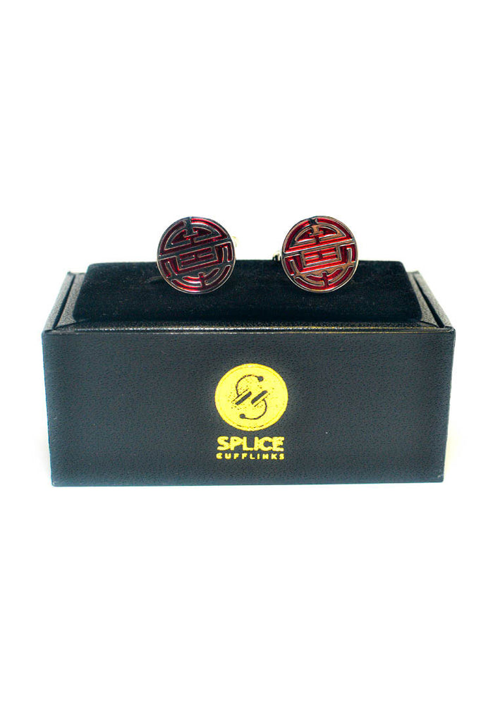 Silver/Red Chinese Longevity Symbol Cufflinks