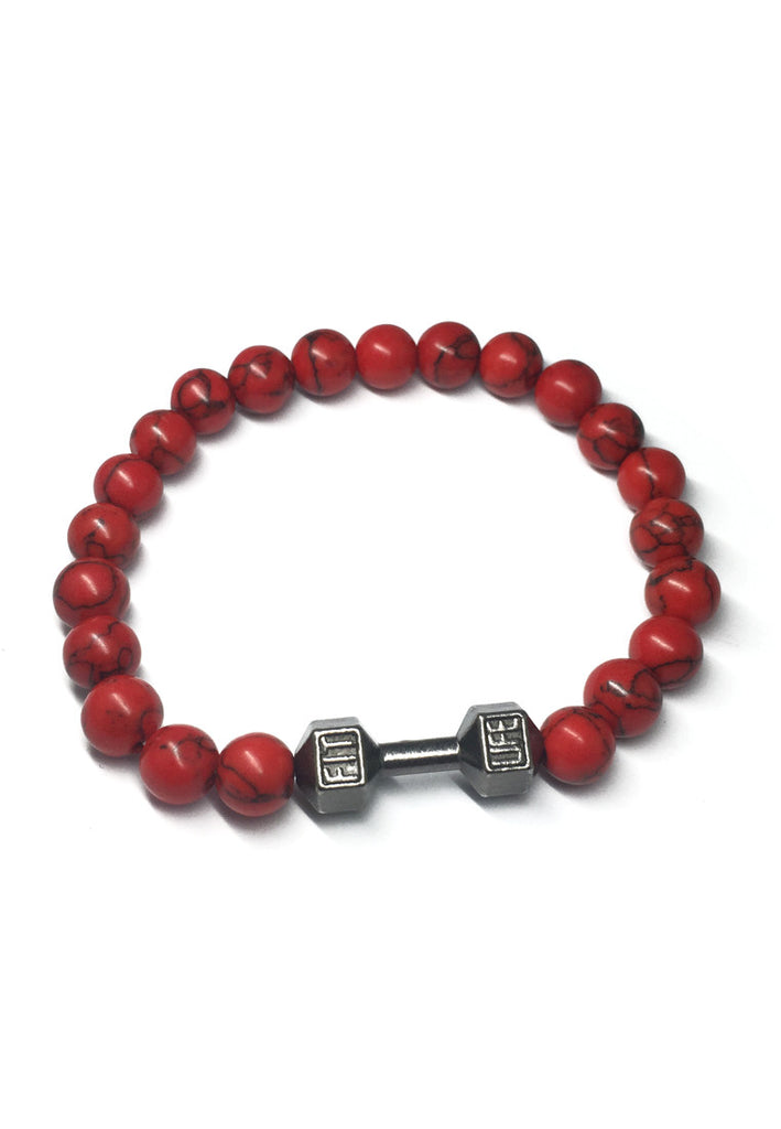 Masonry Series Red Natural Stone Beads Gunmetal Silver Dumbbell Bracelet