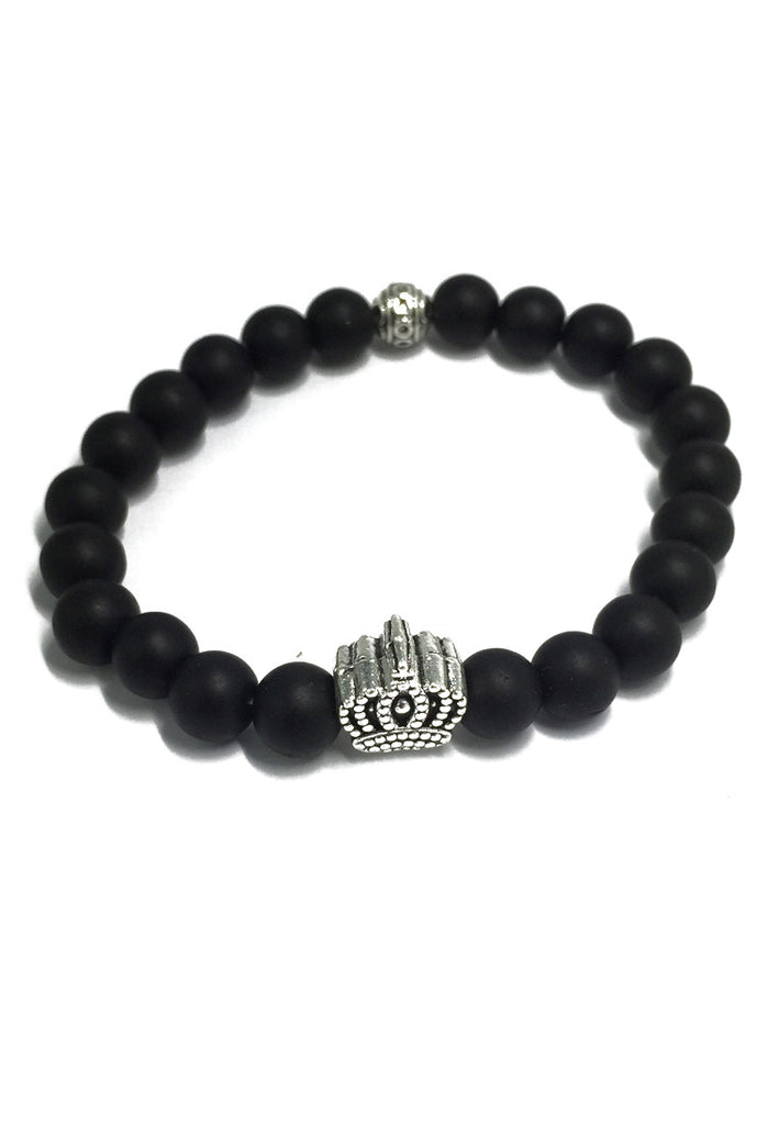Masonry Series Black Natural Stone Beads Silver Crown Bracelet
