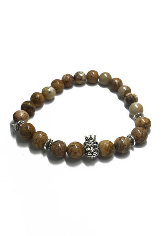 Masonry Series Yellow Natural Stone Beads Silver Lion Head Bracelet