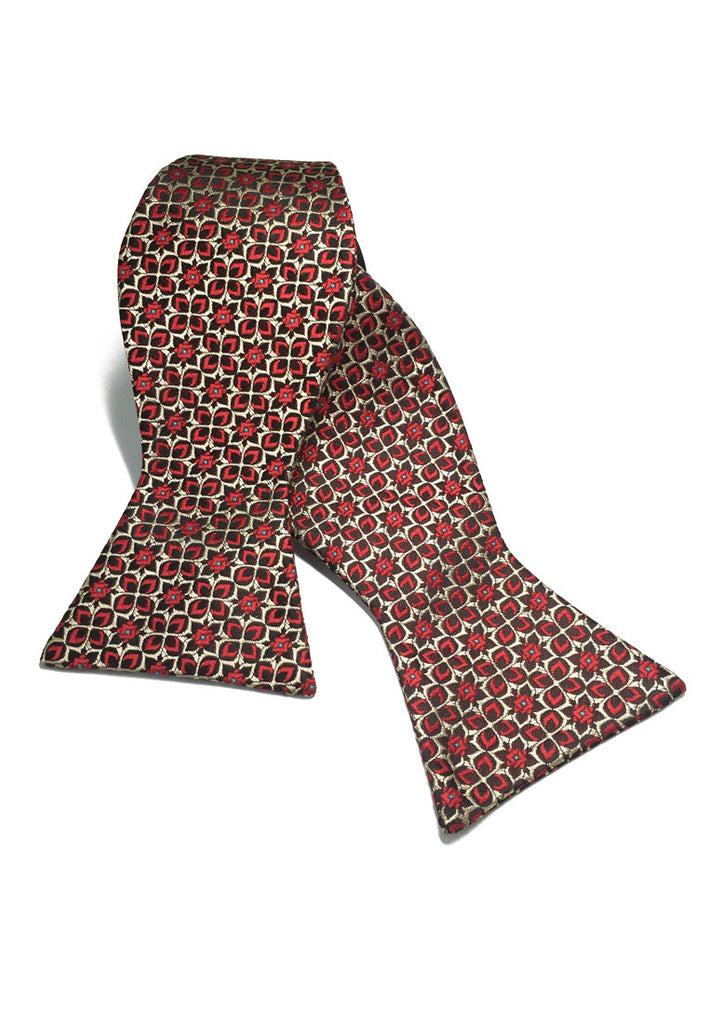 Manual Series Red Gold and Black Floral Design Self-tied Man Made Silk Bow Tie