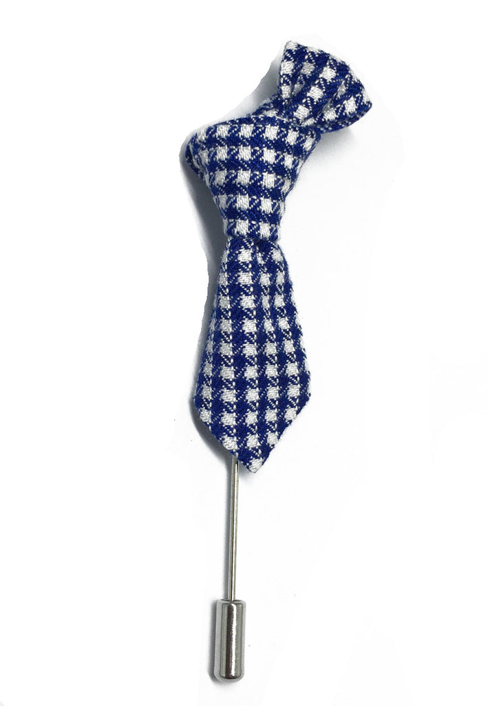 亮蓝色和白色格纹小领带翻领别针