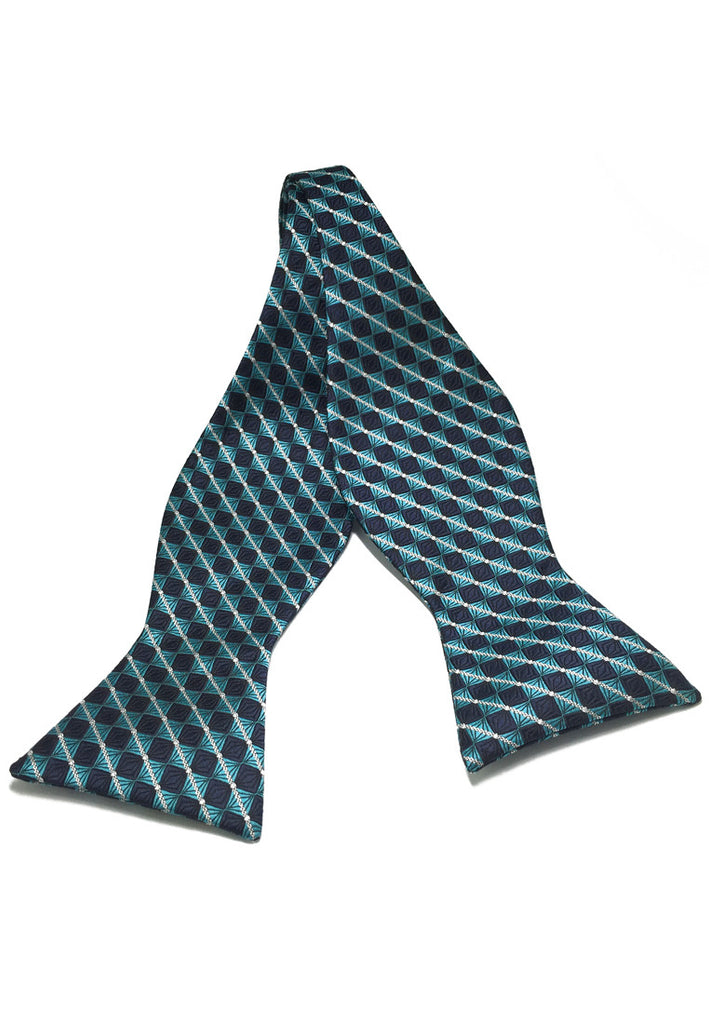 Manual Series Turquoise and Dark Blue Checked Design Self-tied Man Made Silk Bow Tie