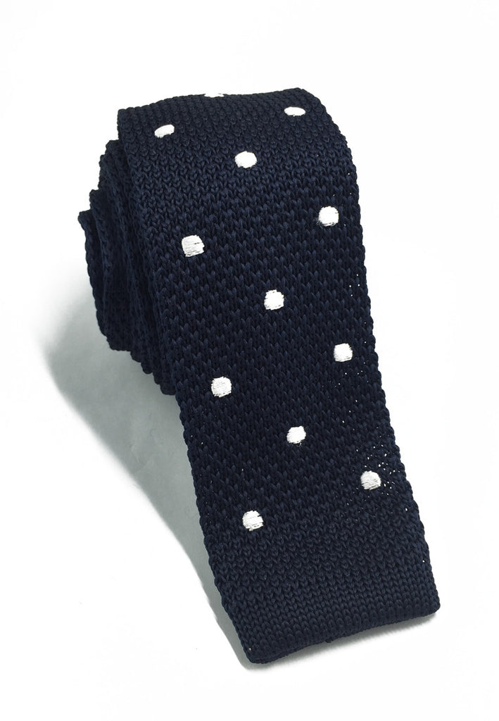 编织系列白色圆点海军蓝针织领带