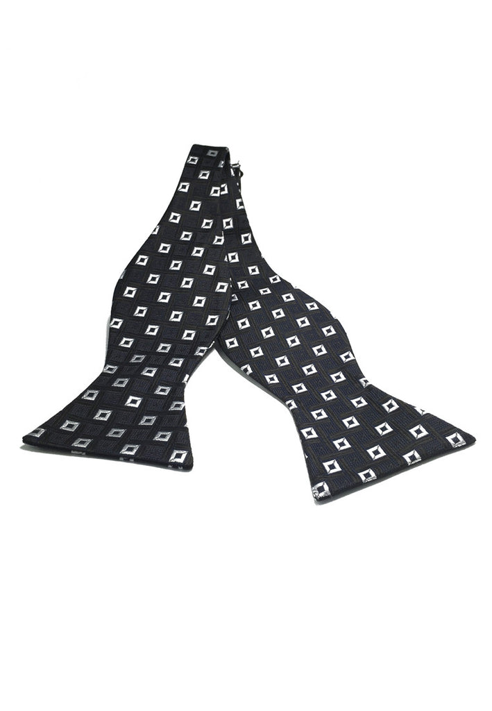 Manual Series Silver Squares Design Black Self-tied Man Made Silk Bow Tie