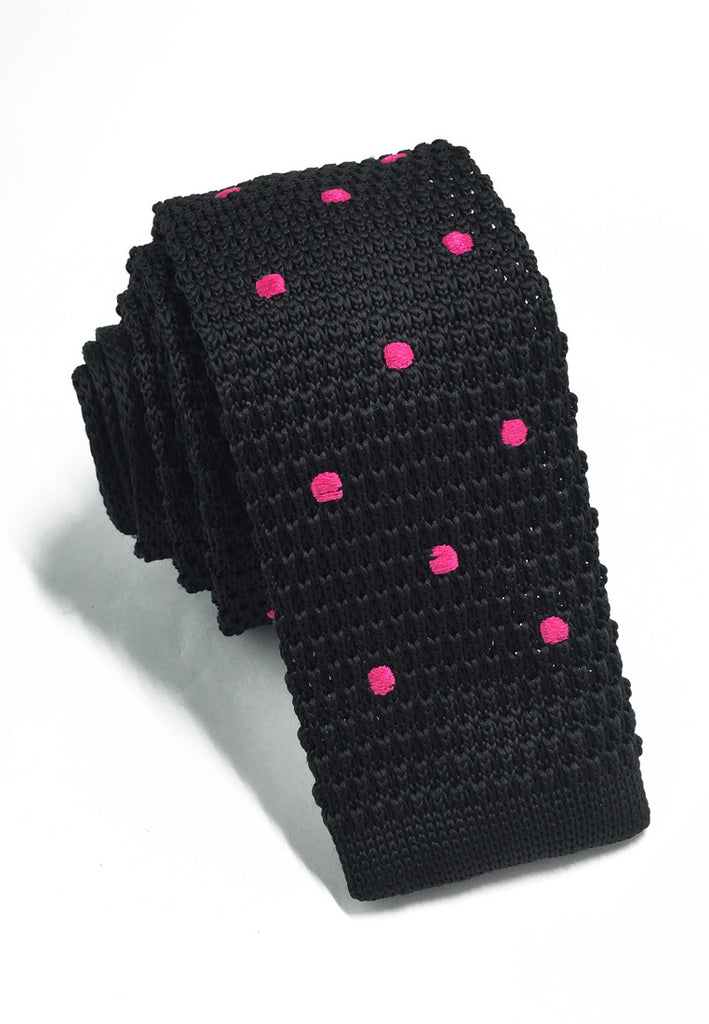 Weave Series Bright Pink Polka Dots Black Knitted Tie
