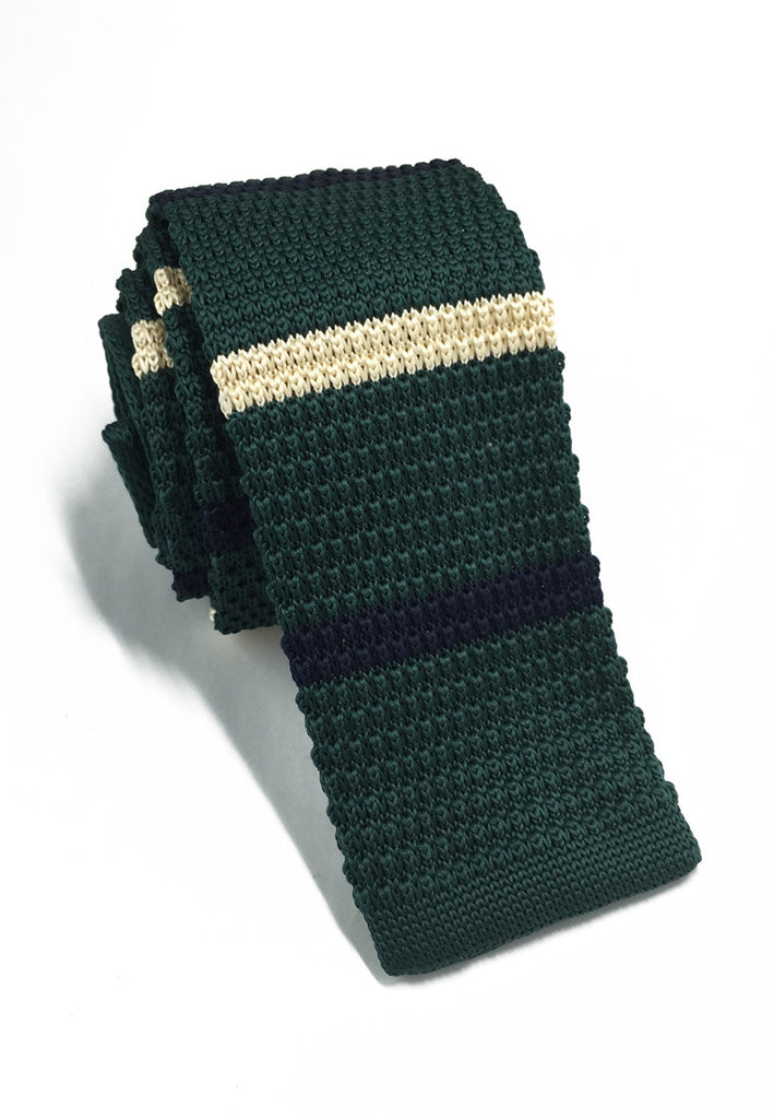 Purl Series Beige & Navy Blue Stripes Dark Green Knitted Tie