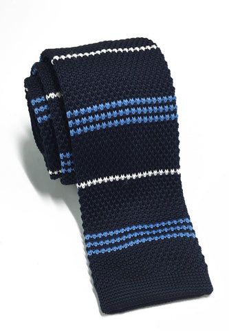 Purl Series Baby Blue &amp; White Stripes Navy Blue Knitted Tie