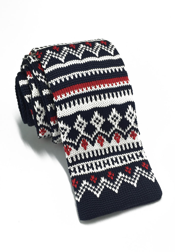 Stencil Series Red & White Patterned Navy Blue Knitted Tie