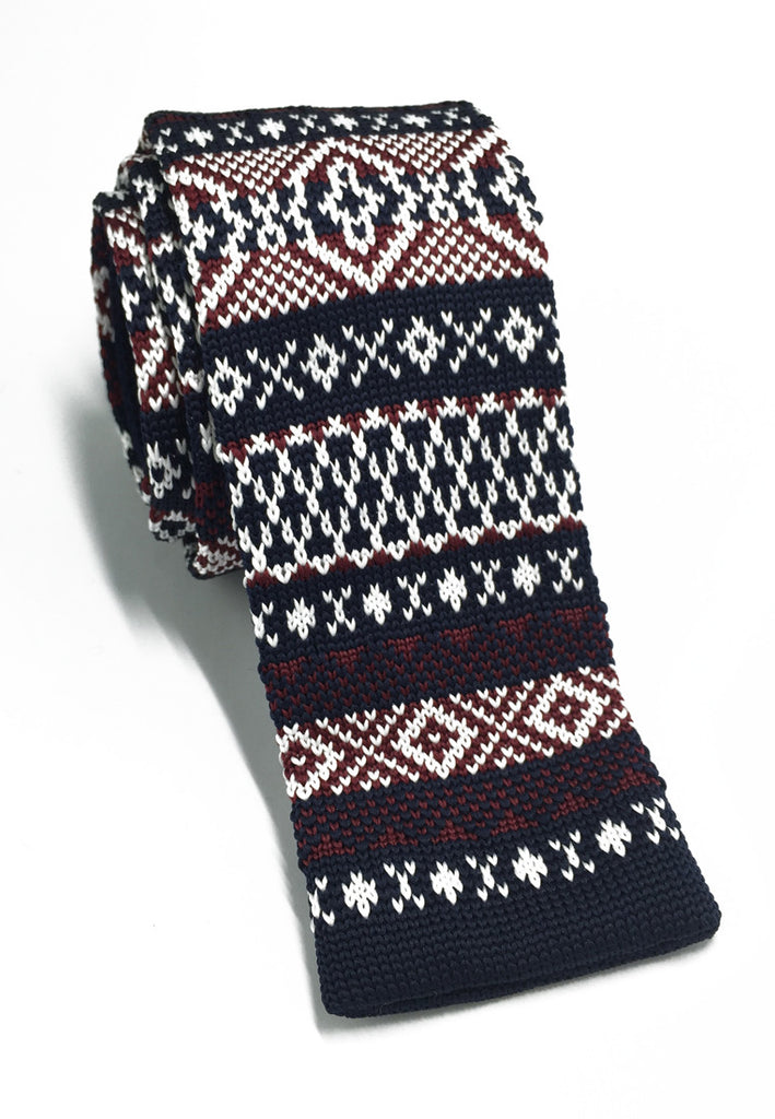 Stencil Series Maroon & White Patterned Navy Blue Knitted Tie