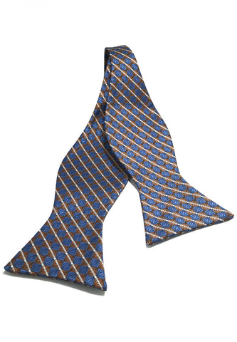 手动系列棕色和蓝色方块设计自系式人造丝领结
