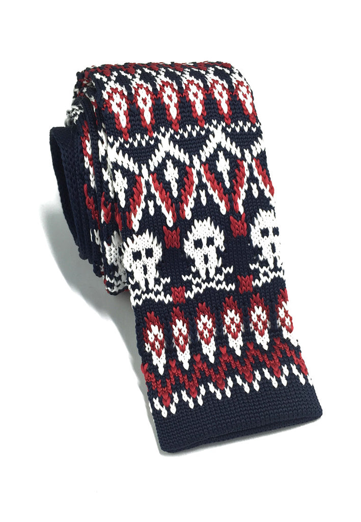 Stencil Series Fire & Skull Patterned Navy Blue Knitted Tie
