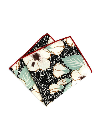 Florid Series Flowery Pattern Black Pocket Square with Red Linings
