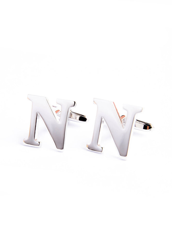 Monogram Alphabet Rhodium Plated Cufflinks - N