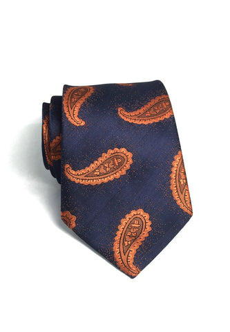Mahal 系列橙色佩斯利图案海军蓝色涤纶领带