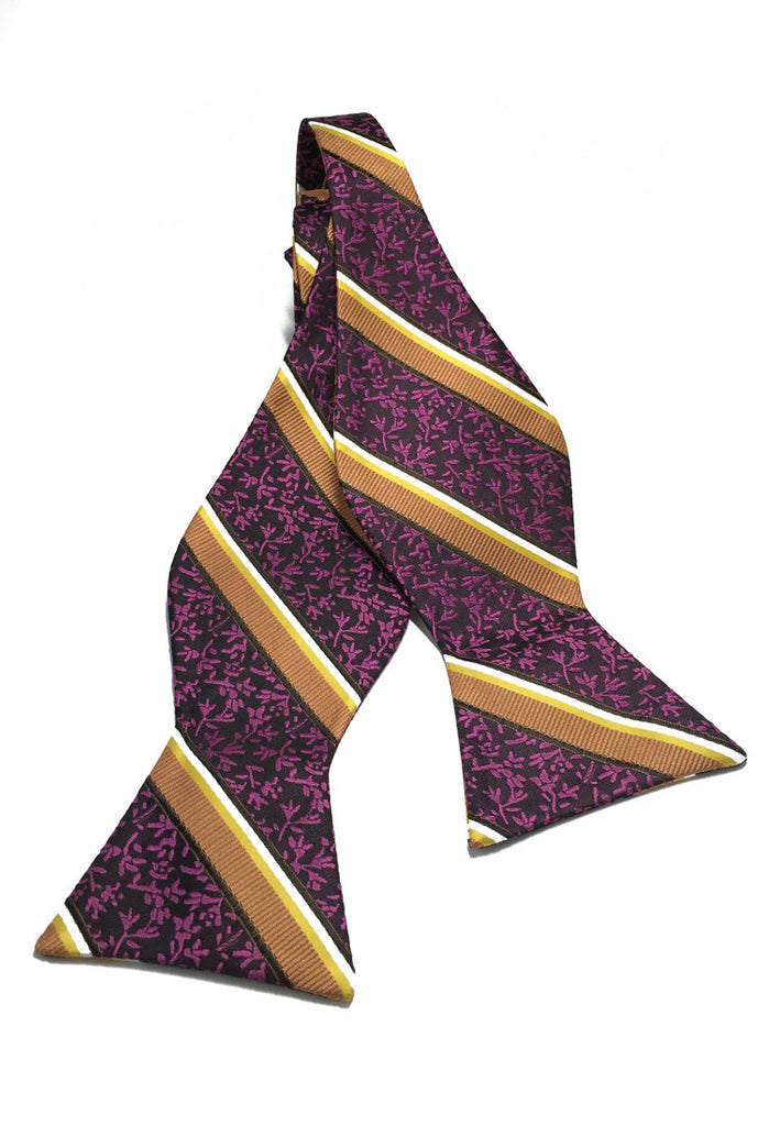 Manual Series Brown, Yellow & Purple Stripes Patterned Self-tied Man Made Silk Bow Tie