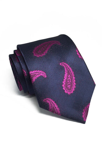 Mahal 系列紫色佩斯利图案海军蓝色涤纶领带