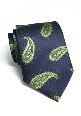 Mahal 系列绿色佩斯利图案海军蓝色涤纶领带