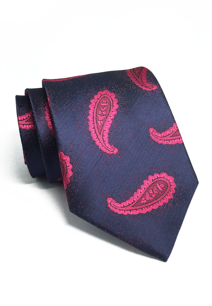 Mahal Series Pink Paisley Design Navy Blue Polyester Tie