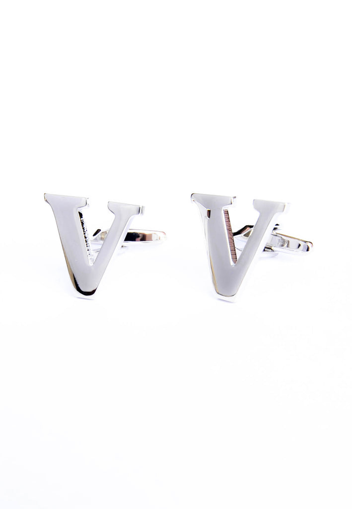 Monogram Alphabet Rhodium Plated Cufflinks - V