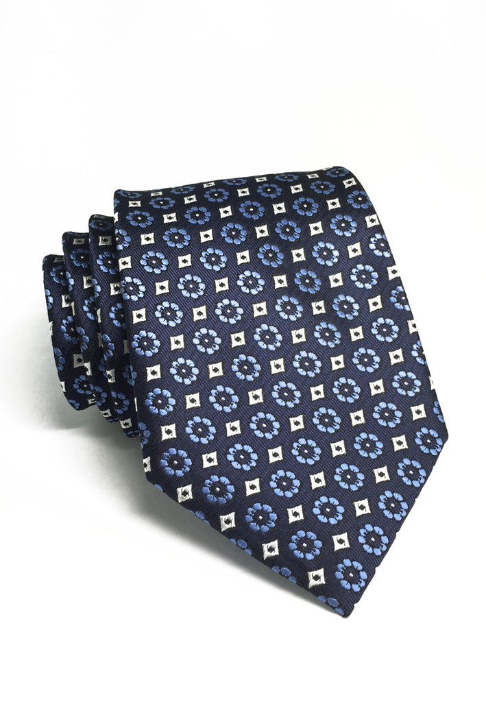 Pompon Series Blue Flower Design Polyester Tie