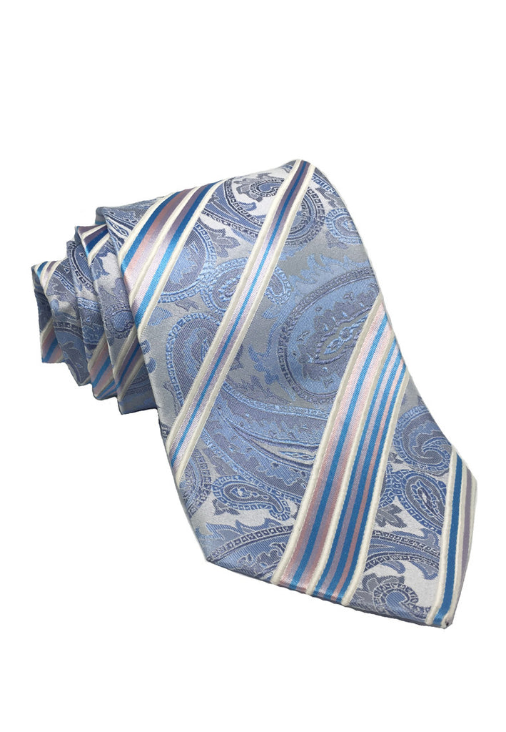Satiny Series Floral and Stripe Design Baby Blue Silk Tie