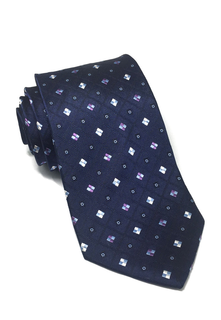 Satiny Series Small Checked Squares Navy Blue Silk Tie