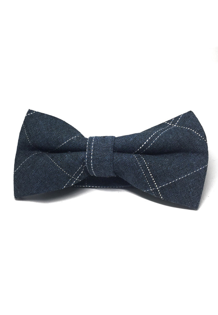 Folks Series Large Squares Denim Blue Cotton Pre-Tied Bow Tie
