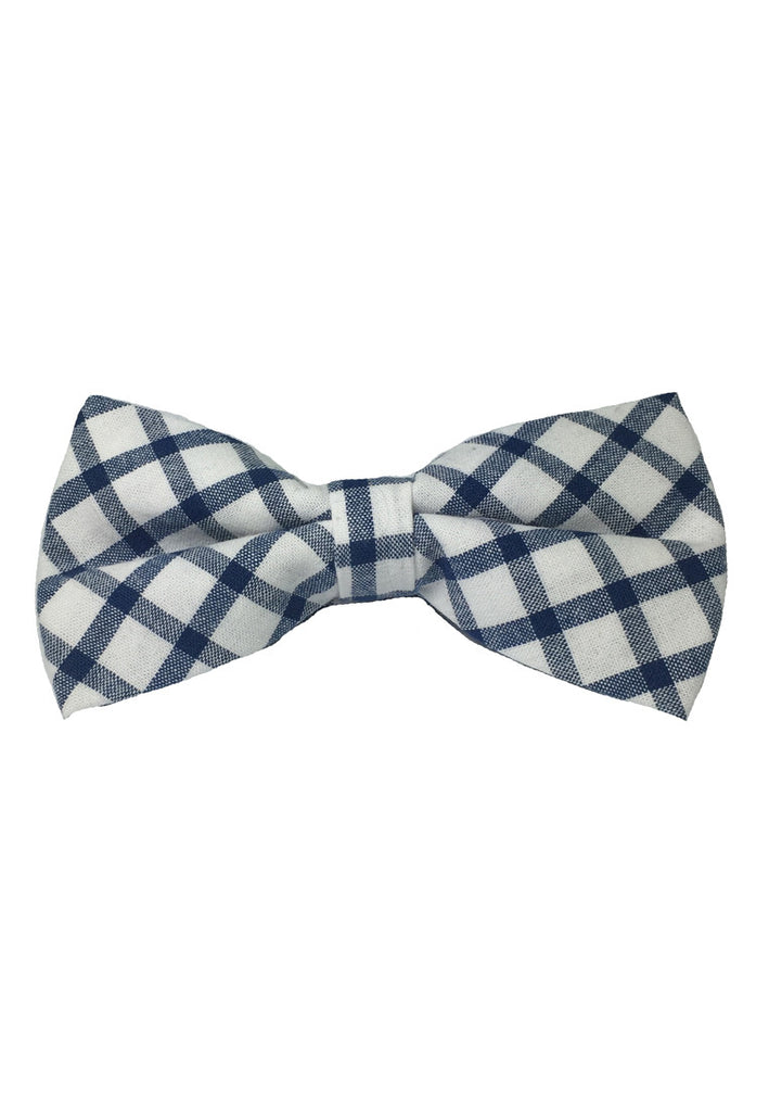 Folks Series Blue Checked Design White Cotton Pre-Ied Bow Tie