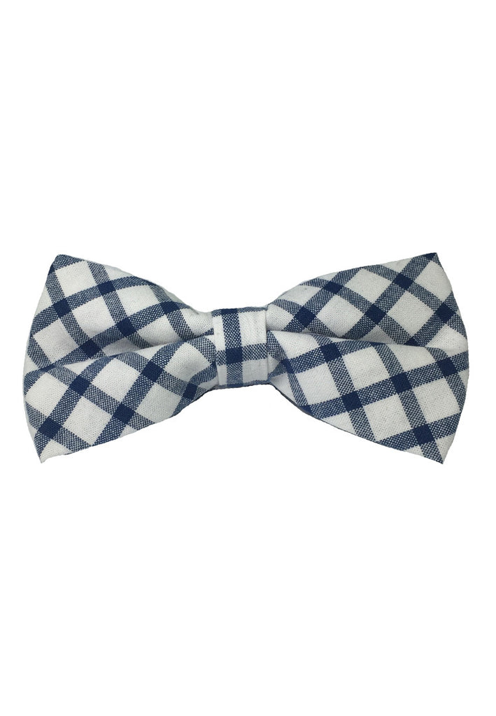 Folks Series Blue Checked Design White Cotton Pre-Tied Bow Tie
