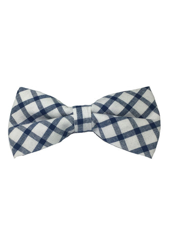 Folks Series Blue Checked Design White Cotton Pre-Tied Bow Tie