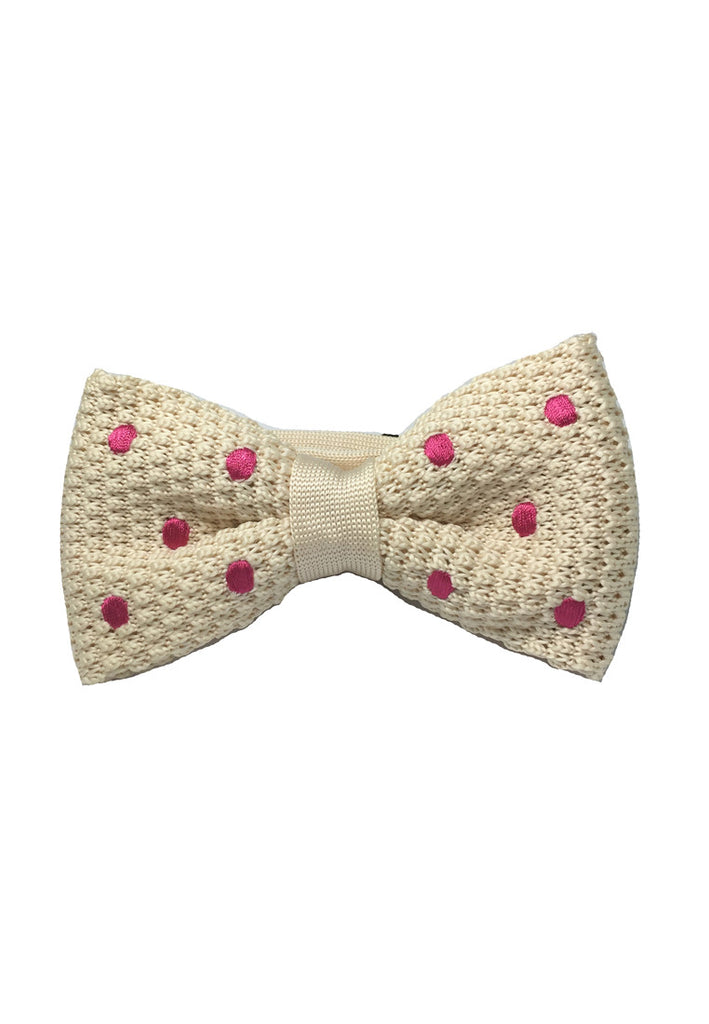 Webbed Series Bright Pink Polka Dots White Knitted Bow Tie
