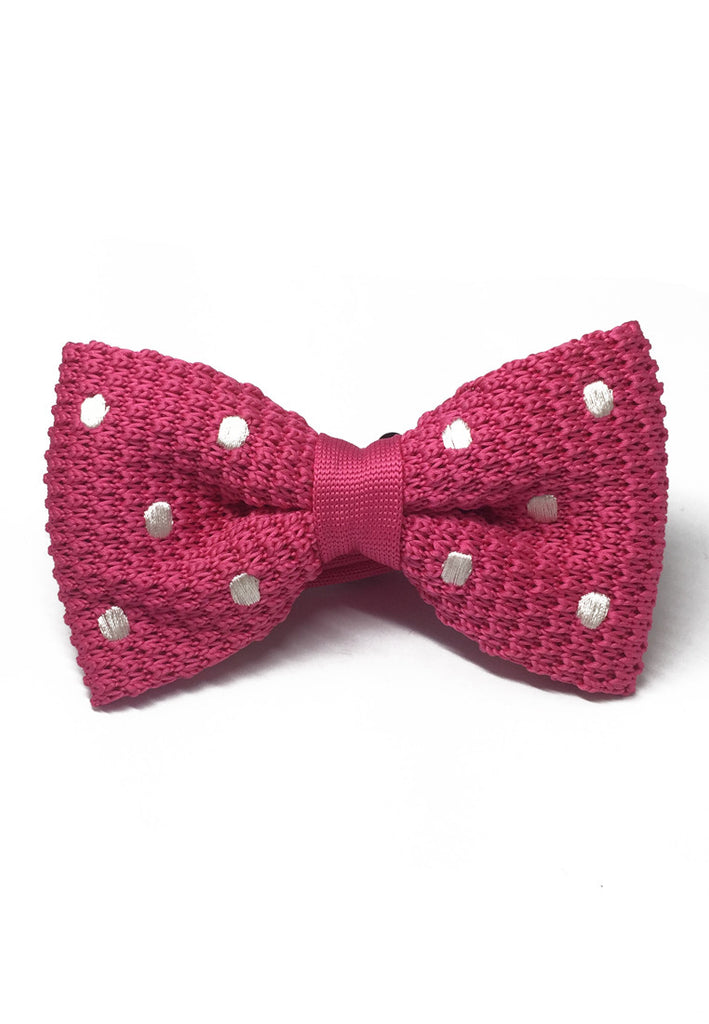 Webbed Series White Polka Dots Bright Pink Knitted Bow Tie