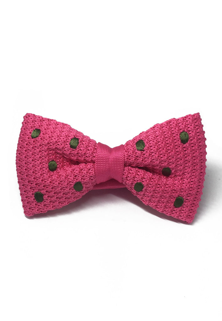 Webbed Series Green Polka Dots Bright Pink Knitted Bow Tie