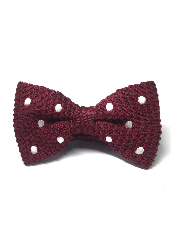 Webbed Series White Polka Dots Maroon Red Knitted Bow Tie