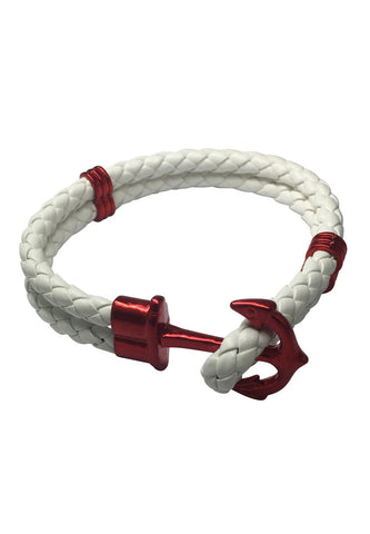 Grapple Series White PU Leather Dark Red Anchor Bracelet