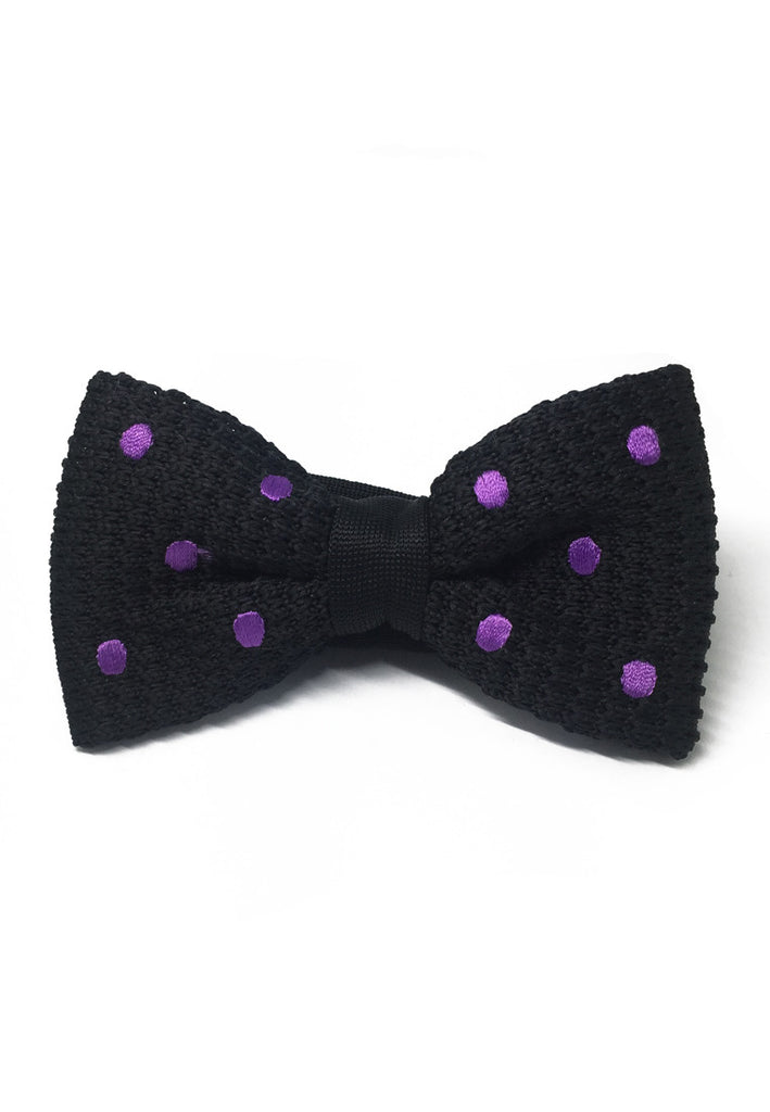 Webbed Series Purple Polka Dots Black Knitted Bow Tie