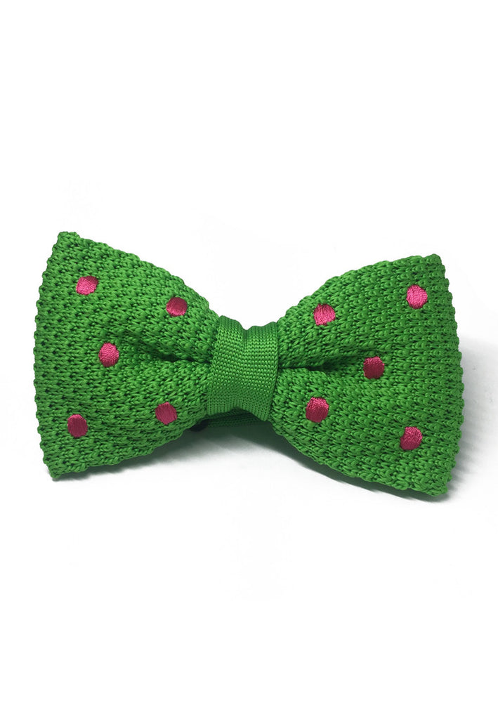 Webbed Series Bright Pink Polka Dots Green Knitted Bow Tie
