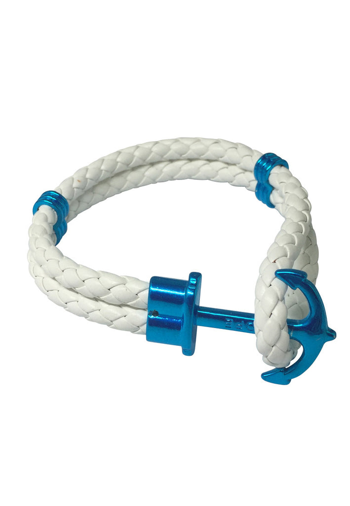 Grapple Series White PU Leather Turquoise Blue Anchor Bracelet