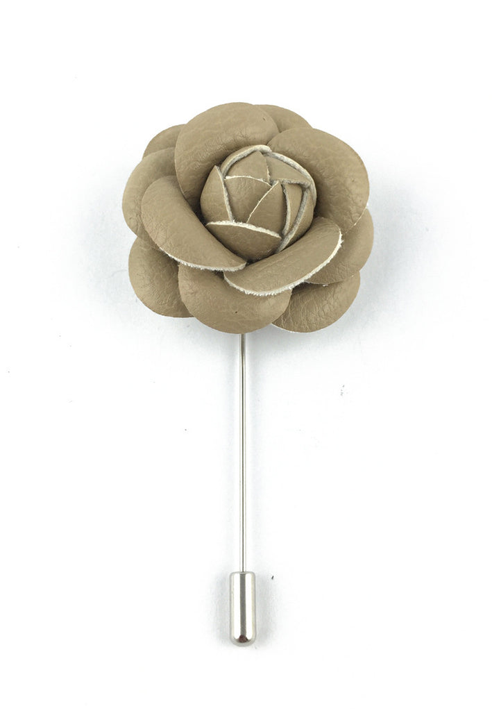 Beige PU Leather Camellia Flower Lapel Pin