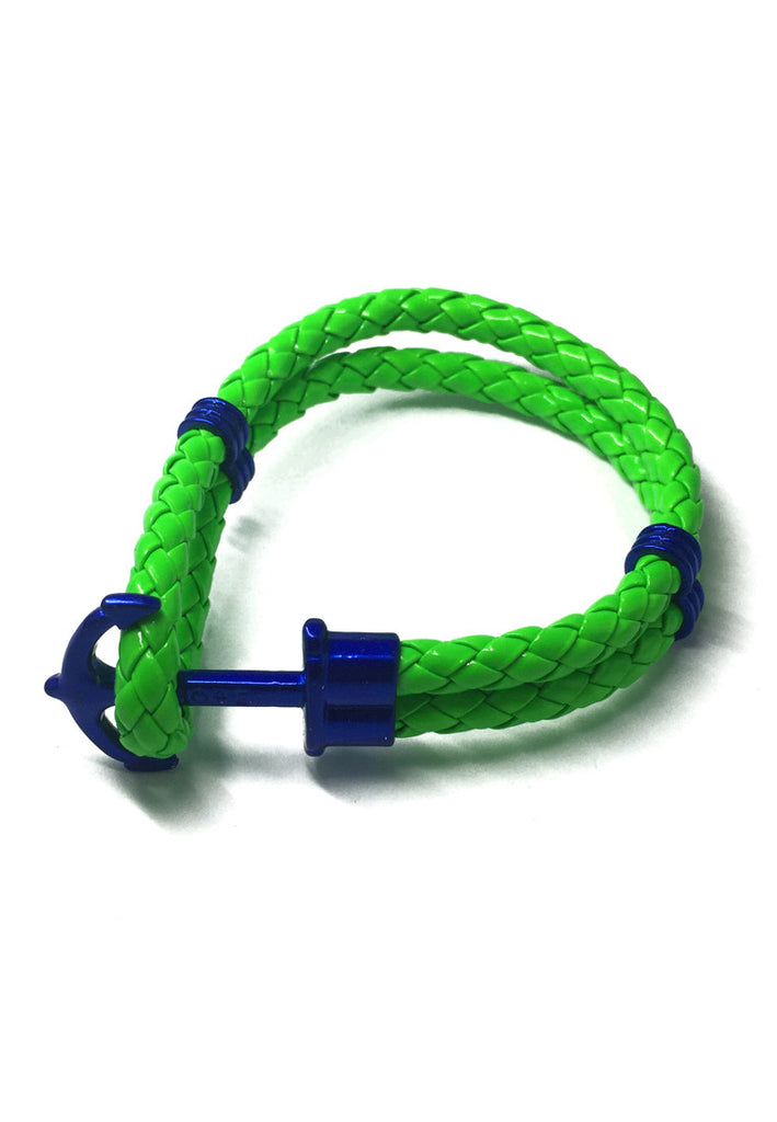 Grapple Series Bright Green PU Leather Electric Blue Anchor Bracelet